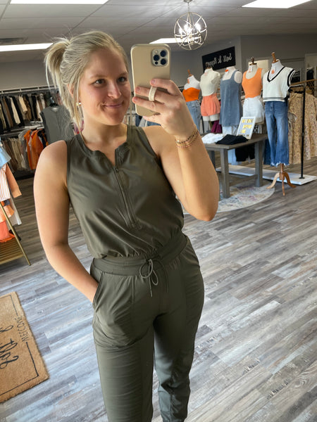 Half Zip Active Jumpsuit - Dark Olive