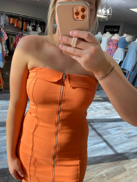 Zip Up Strapless Tube Dress - Orange