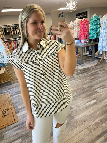 Striped Short Sleeve Henley Top - Off White