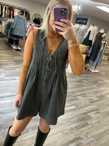 Pleated V-Neck Denim Romper - Grey