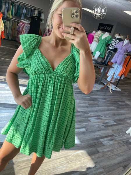 Gingham Ruffle Babydoll Dress - Green