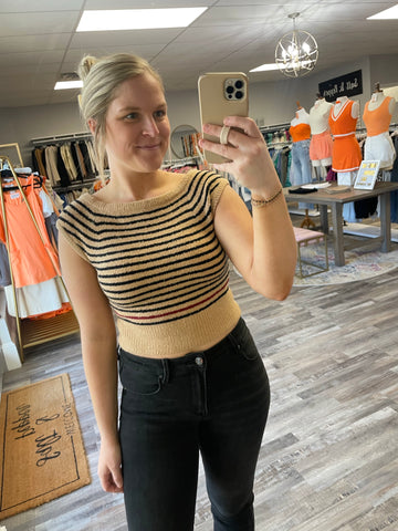 Cropped Striped Cap Sleeve Top - Tan/Black