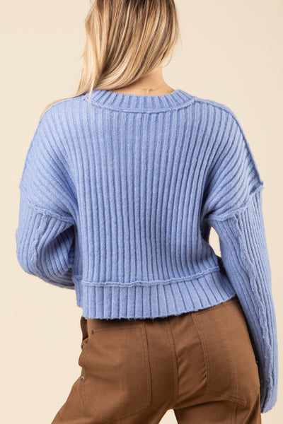 Ribbed Knit Sweater Pullover - Blue