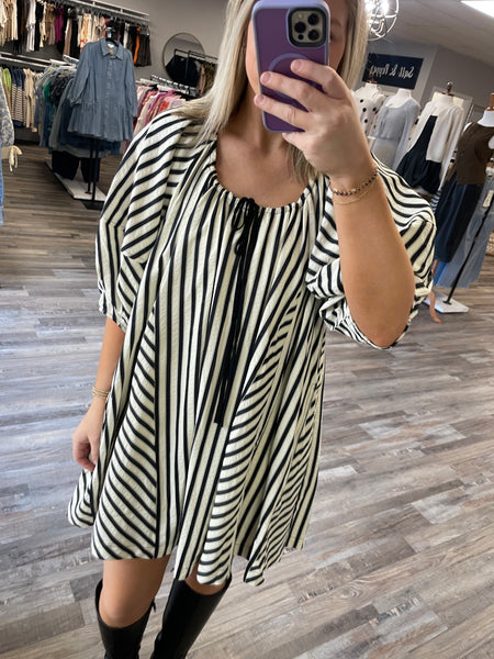 Half Sleeve Striped Mini Dress - Black