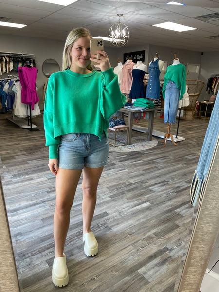 Round Neck Side Slit Sweater - Green