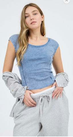 Scoop Neck Exposed Seam Top - Blue