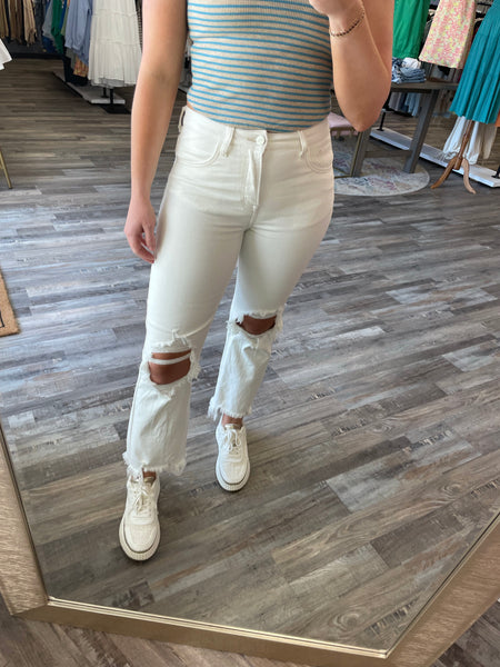 High-Rise Straight Distressed Jeans - Cream | Risen Jeans