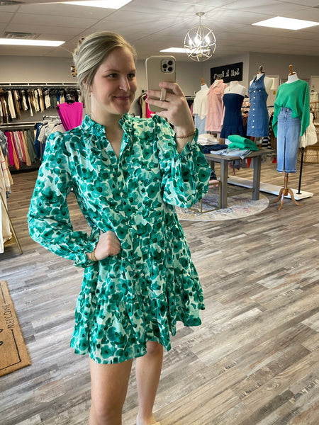 Floral Ruffle Long Sleeve Dress - Green