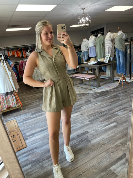 V-Neck Romper - Light Moss