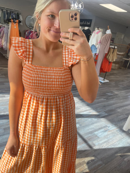 Checkered Midi Dress - Orange