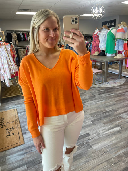 V-Neck Seam Detail Sweater - Tangerine