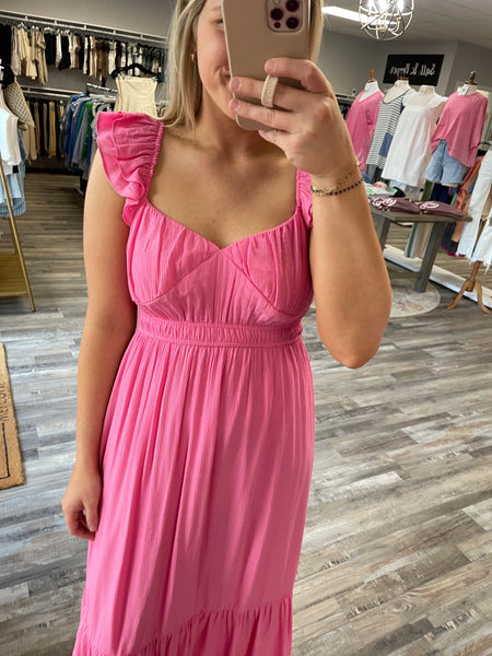 Sweetheart Shirred Midi Dress - Pink