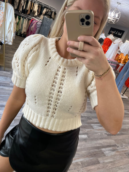 Pointelle Puff Sleeve Cropped Sweater - Ivory