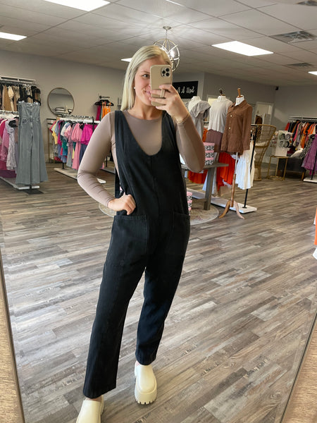 Relaxed Fit Washed Denim Jumpsuit - Black
