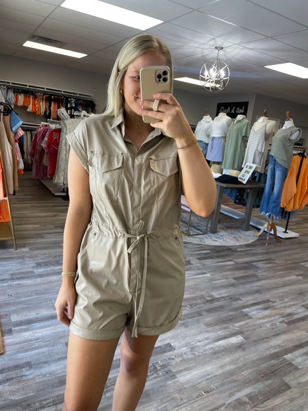 Leather Tie Waist Romper - Taupe