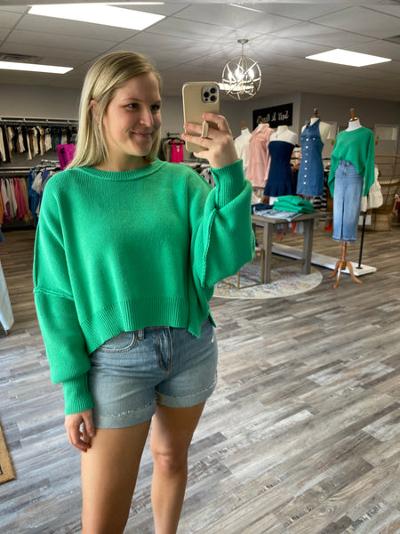 Round Neck Side Slit Sweater - Green