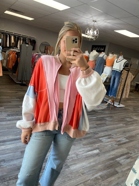 Colorblock Zip Up Jacket - Pink/Orange/Blue