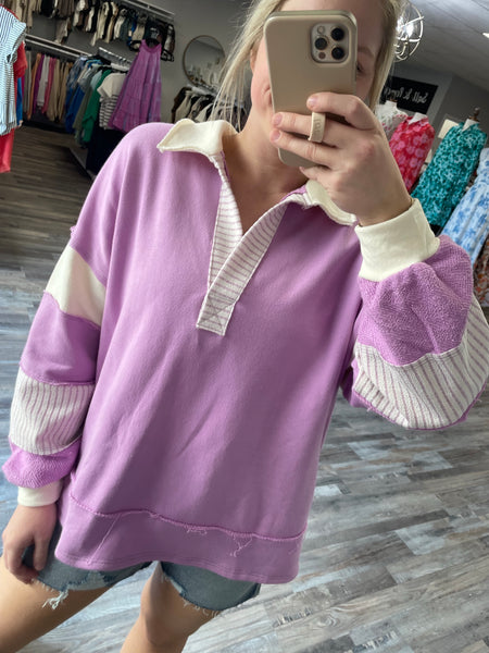 French Terry Collared Top - Lavender/Cream