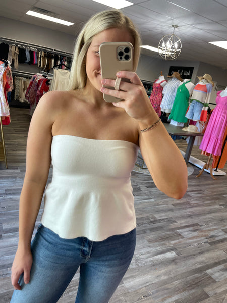 Strapless Knit Peplum Top - White