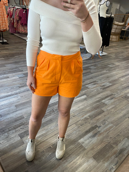 Pleated Linen Shorts - Tangerine