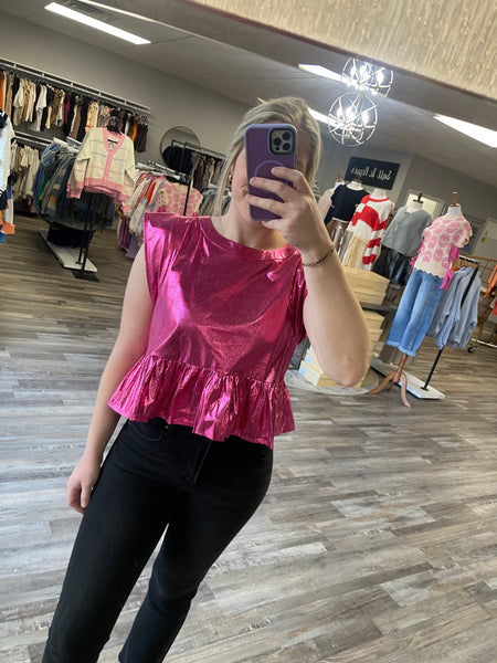 Metallic Peplum Hem Top - Pink