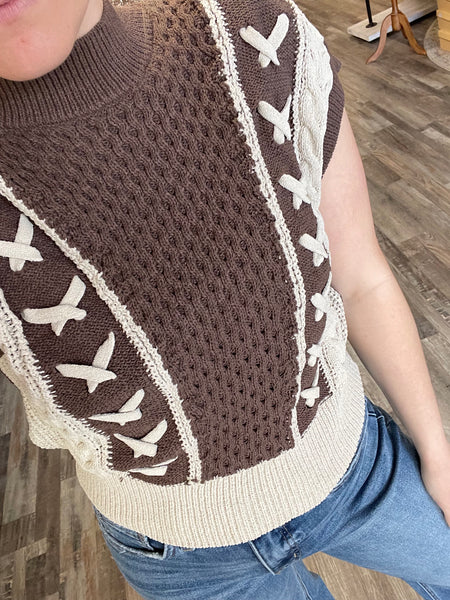 Cable Knit Crop Sweater Vest - Brown