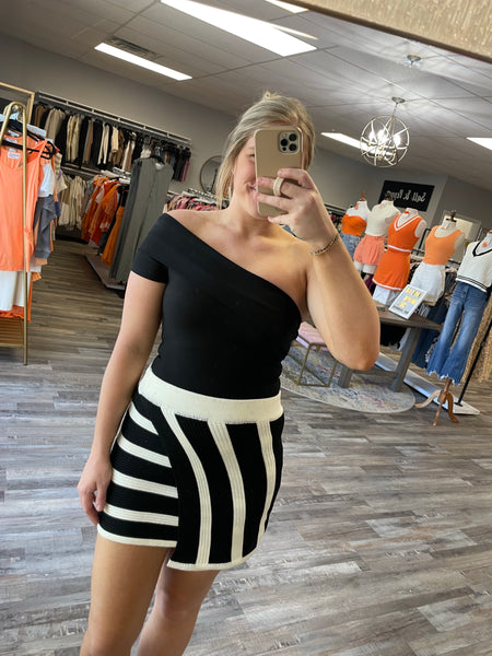 Striped Wrap Mini Skirt - Black/White