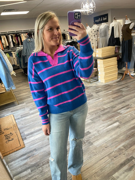 Striped Collared Sweater - Blue/Pink