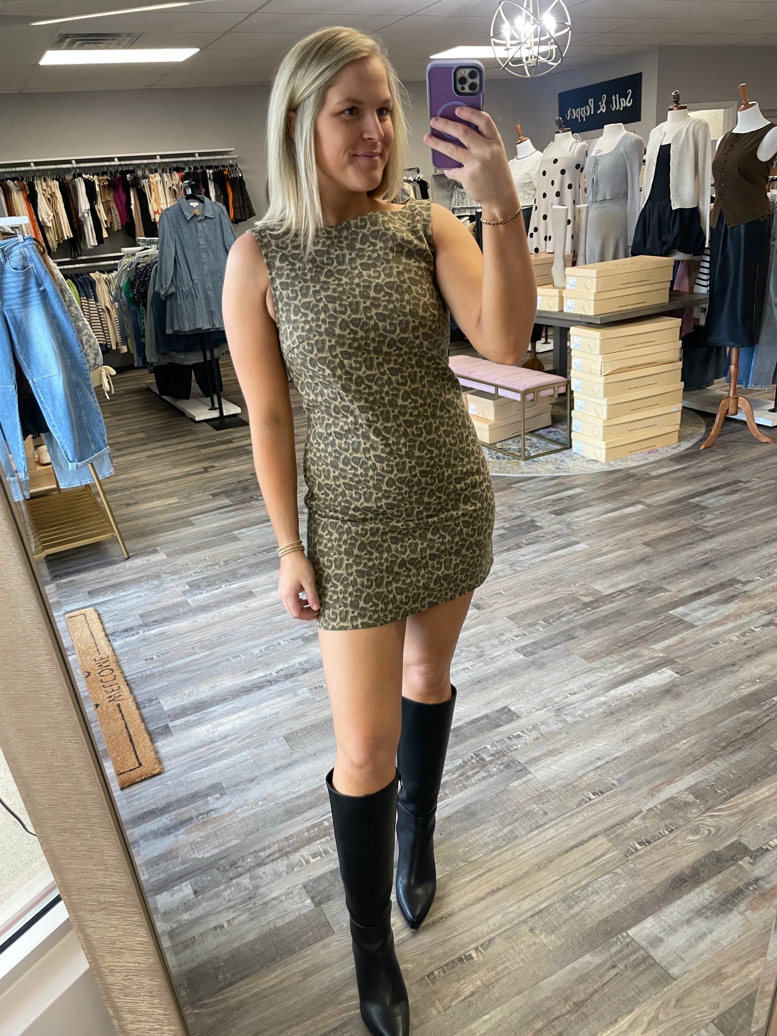 Leopard Boat Neck Mini Dress - Taupe/Brown