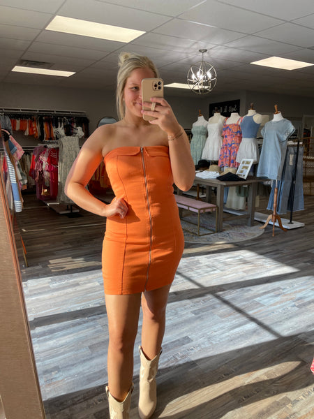 Zip Up Strapless Tube Dress - Orange