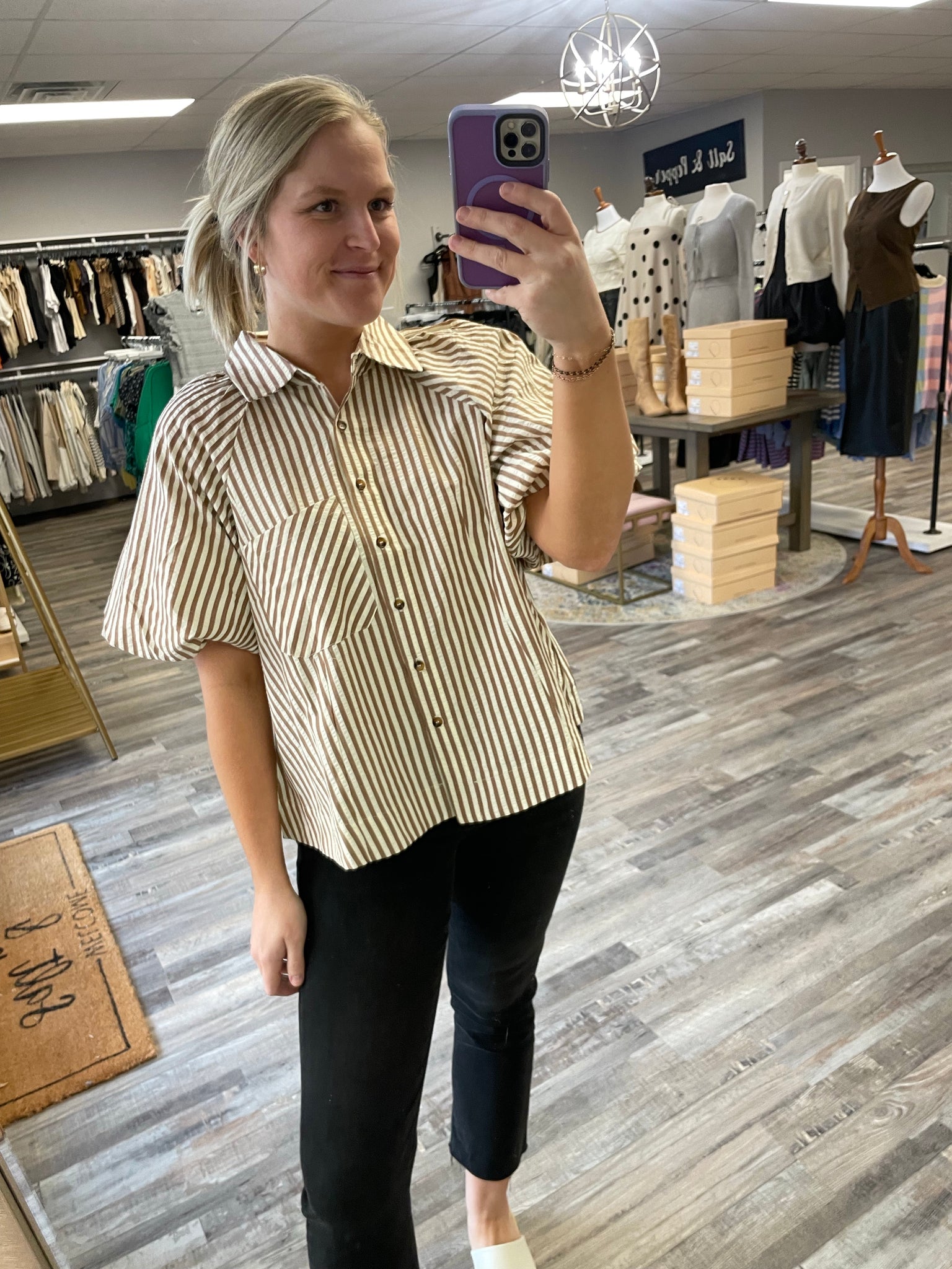 Striped Bubble Sleeve Button Down - Brown