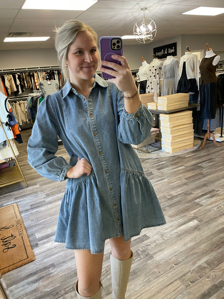 Long Sleeve Denim Dress - Medium Wash