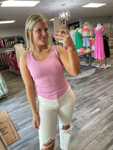 Scoop Neck Rib Tank Top - Pink