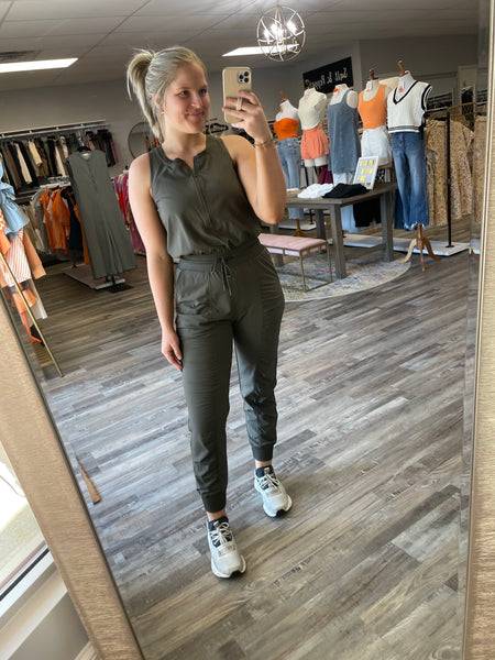 Half Zip Active Jumpsuit - Dark Olive