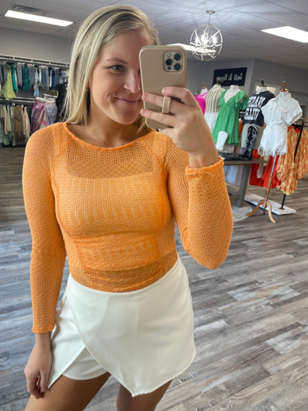 Open Knit Ruched Bodysuit - Orange