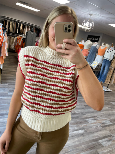 Striped Mock Neck Sweater Vest - Ivory/Red