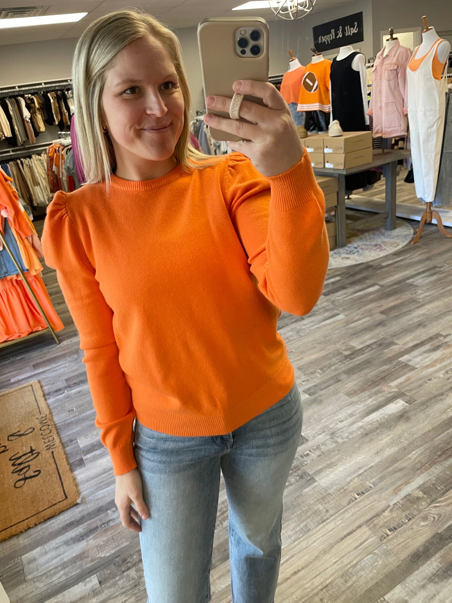 Puff Sleeve Crew Neck Sweater - Tangerine