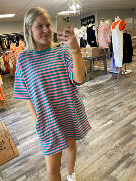 Striped Oversized Tee Dress - Pink/Green