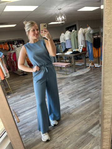 Wide Leg Scuba Jumpsuit - Slate Blue