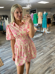 Floral Bubble Hem Collared Dress - Pink