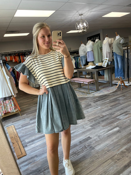 Striped Twofer Denim Dress - Cream