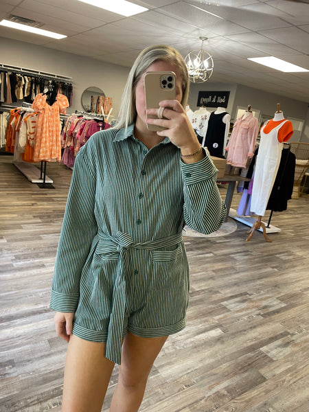 Pin Stripe Long Sleeve Romper - Hunter Green