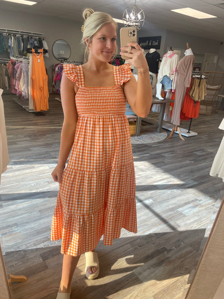 Checkered Midi Dress - Orange