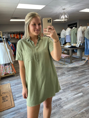 Washed Denim Shirt Dress - Washed Olive