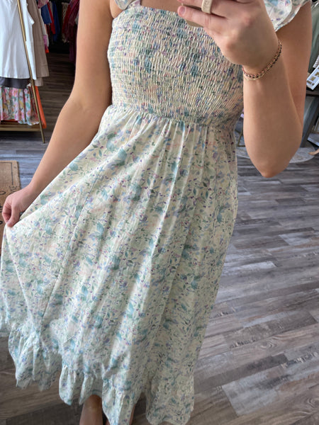 Floral Smocked Midi Dress - Sea Green