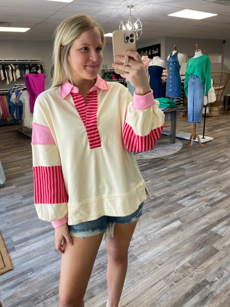 Color Block Striped Collared Pullover - Ecru