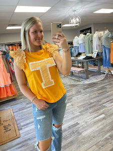 Patched Ruffle Sleeve Top - Orange