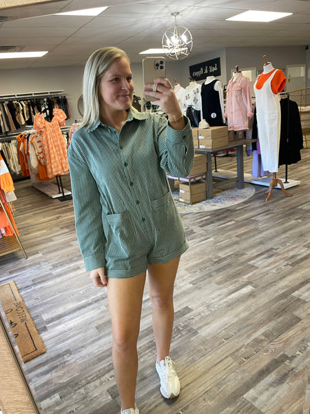 Pin Stripe Long Sleeve Romper - Hunter Green