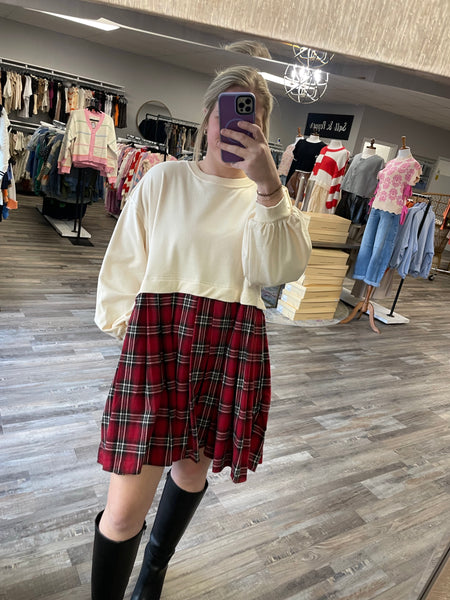 Twofer Sweatshirt & Plaid Skirt Dress - Ecru