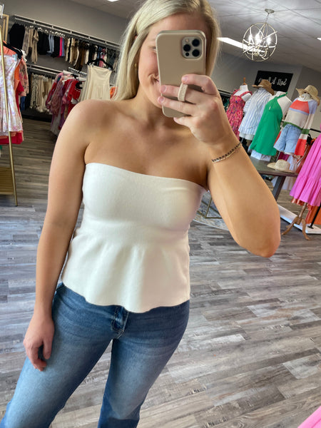 Strapless Knit Peplum Top - White